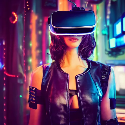 Image similar to a high quality portrait of a beautiful stunning pirate in a cyberpunk cyberpunk cyberpunk cafe wearing a VR visor realism 8k award winning photo