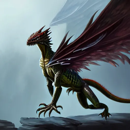 Image similar to dnd art depicting a bipedal lizard with feathered wings, matte oil painting, concept art, scales, feathers, clear, crisp, sharp, extremely detailed, 4 k, 8 k