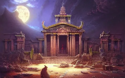 Image similar to beautiful hyperrealistic epic painting of the mysterious intricate ruins of a temple from an advanced alien civilization under the crescent moon, by hubert robert and lee madwick and bastien lecouffe deharme, dramatic lighting