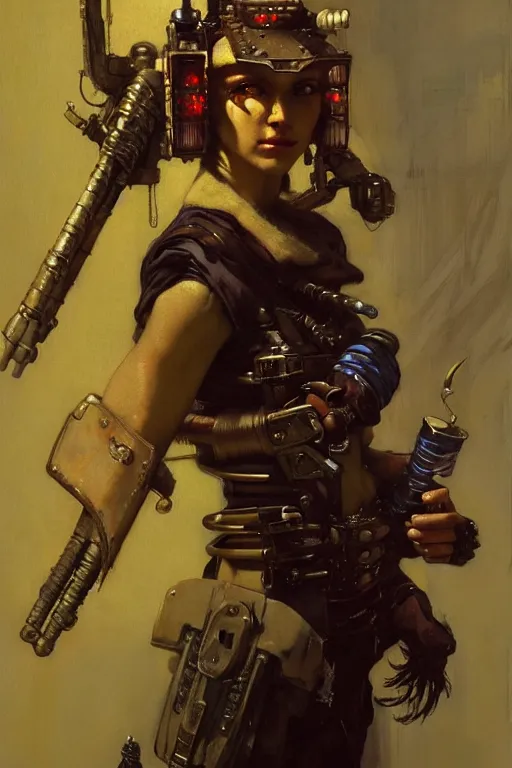 Prompt: full character portrait max mad cyberpunk warhammer 4 0 k, medic sapper not the girl with the pearl earring character design, painting by gaston bussiere, katsuya terada, nc wyeth, greg rutkowski, craig mullins, vermeer, frank frazetta, mucha, tom of finland, trending on artstation, jeffery catherine jones