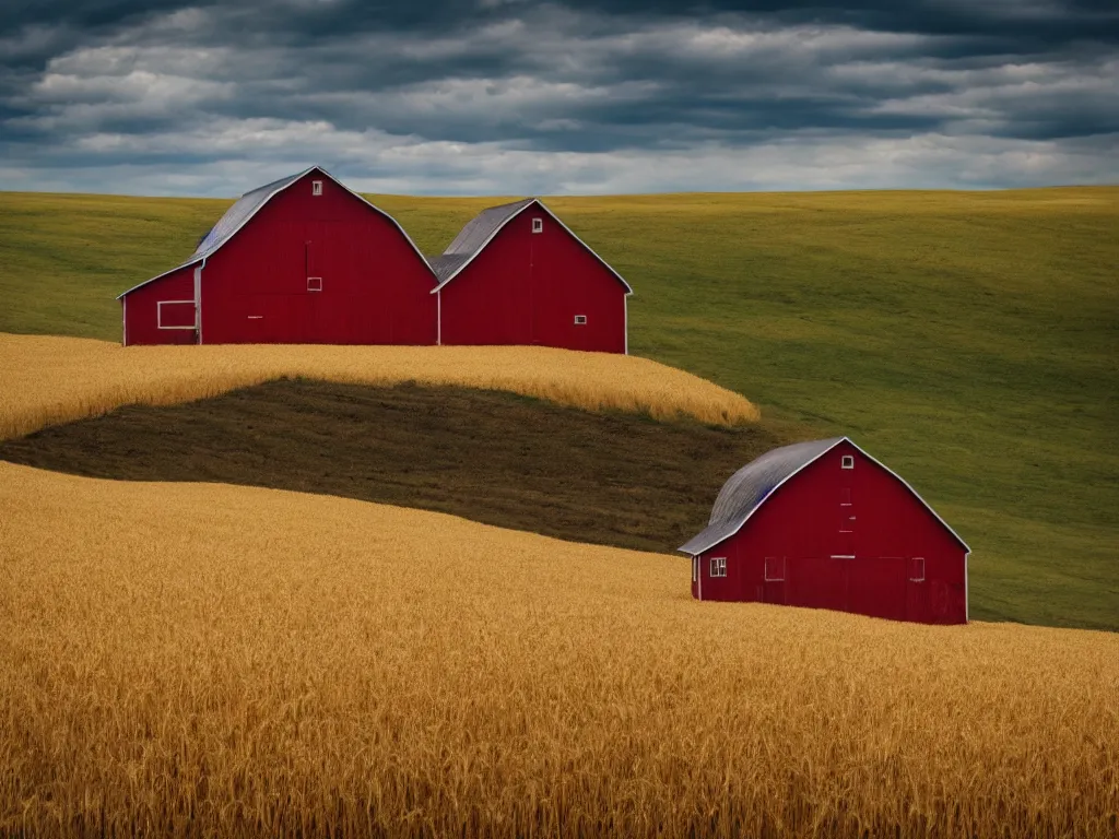 Image similar to A single isolated old red barn next to a wheat crop at the bottom of a cliff at noon. Award winning photography, wide shot, surreal, dreamlike.