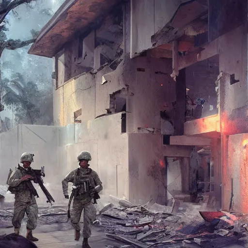 Image similar to American soldiers entering the ruins of an apartment, cinematic, professional photography, low-angle, behance, digital art, WLOP, Mandy Jurgens, ArtStation