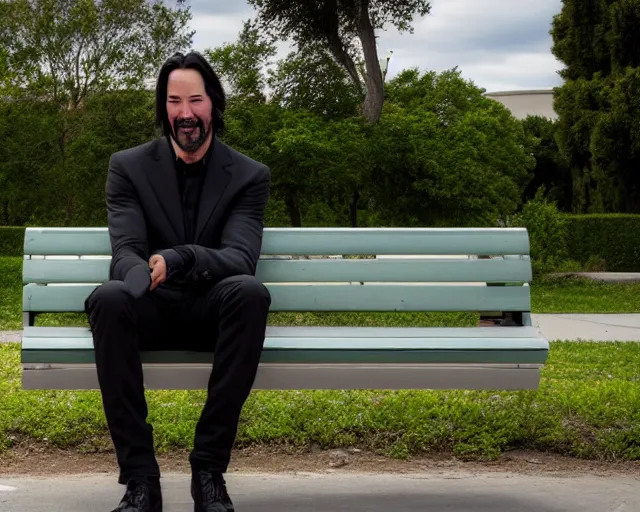 Image similar to photo of happy keanu reeves sitting on a bench in a park. lifelike. ultra detailed. intricate. soft light. nikon d 8 5 0.