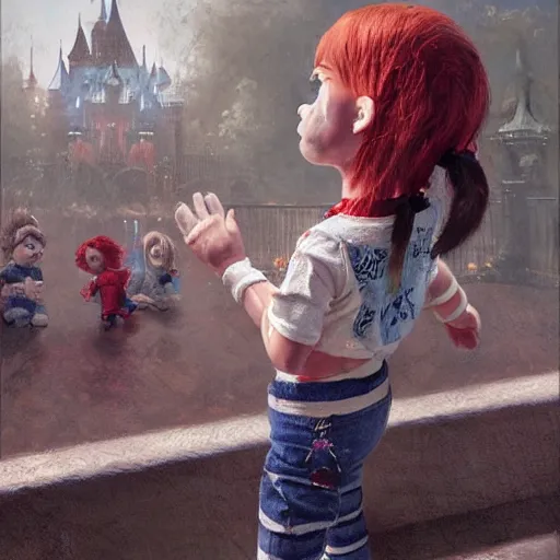 Image similar to the doll chucky cage fighting the doll annabelle in an epic mma fight, disneyland as backdrop, oil painting, by greg rutkowski