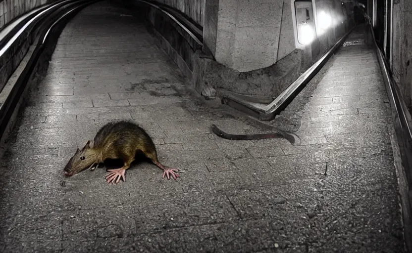 Prompt: very large giant mutant antropomorphic rat in tonnel of moscow subway. extreme high detail. fear, darkness, photo by russos