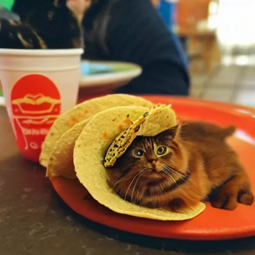 Prompt: a cat wearing a sombrero while eating a taco