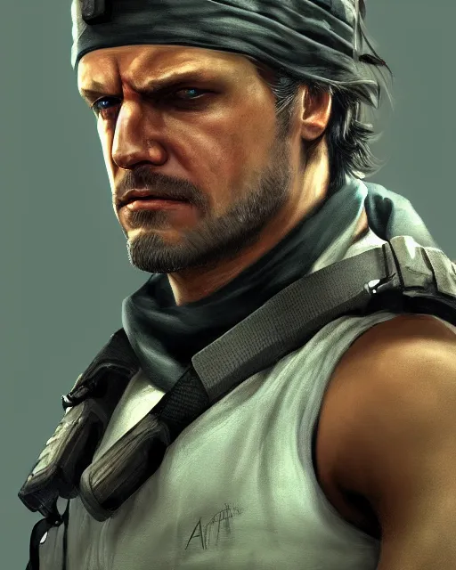 Image similar to solid snake wearing bandana on head portrait, cinematic lighting, backlit face, tired expression, close - up, black atmospheric background, 4 k ultra detailed digital photoshop painting, best of artstation hdr, official artwork hdr