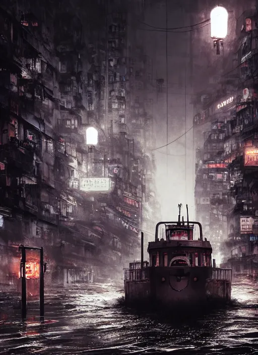 Prompt: dramatic Photorealistic, Matte Painting of a tug boat with bright head lights exploring a busy post apocalyptic deep flooded Hong Kong city street at night,dark Tall buildings by Greg Rutkowski,Craig Mullins,Hyperrealism,Beautiful dramatic moody lighting,Cinematic Atmosphere,volumetric,Octane Rendering,8K