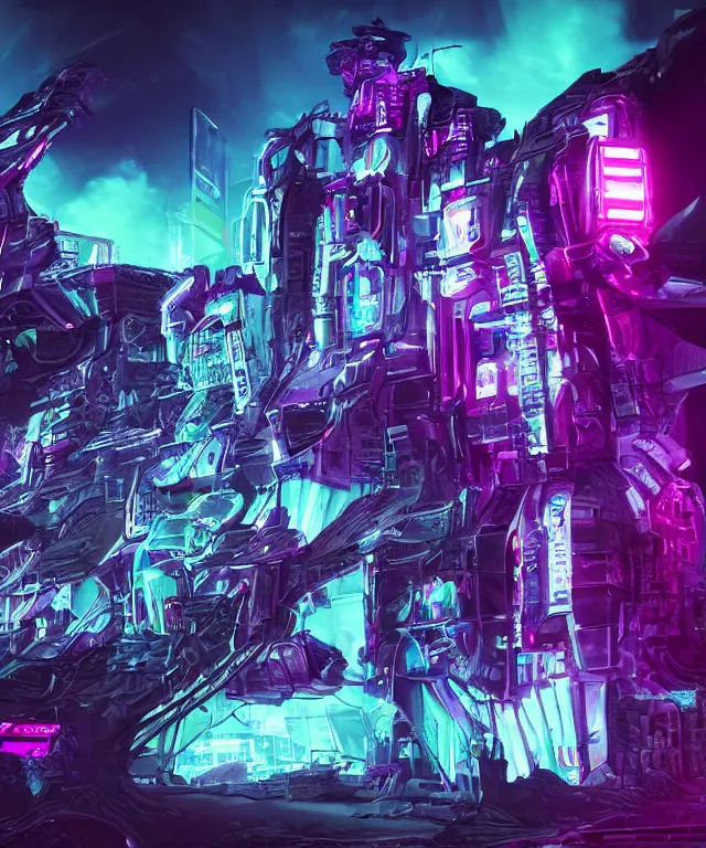 Prompt: majestic cyborg princess, futuristic castle, cyberpunk, neon lights, metal throne