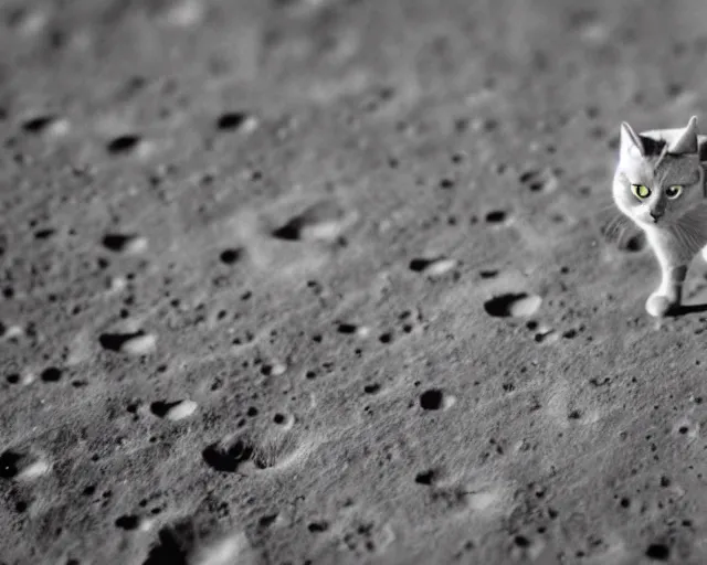 Image similar to a far away photo of a cat in a cat spacesuit on the moon, photorealistic