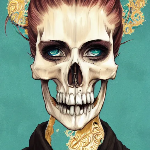 Image similar to anime manga skull portrait young woman skeleton, horse, painterly, logo, graffiti, elegant, highly detailed, digital art, art by jc leyendecker and sachin teng