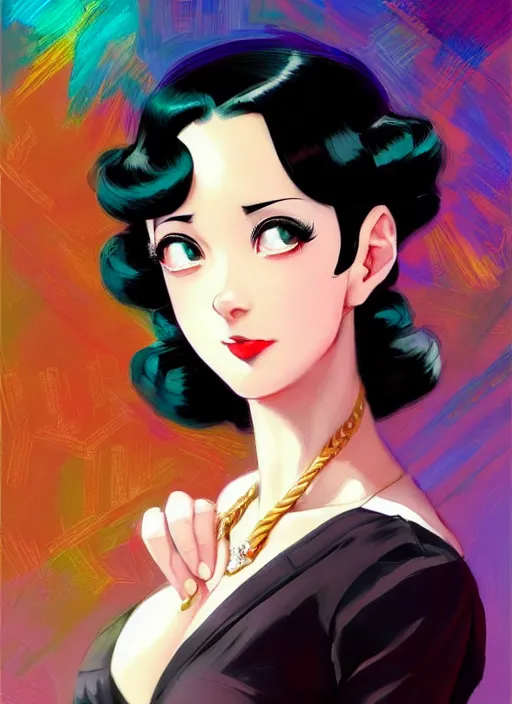 Image similar to a beautiful dancer with black hair in 1940's fashion, ballroom background, intricate, highly detailed, digital painting, artstation, official media, anime key visual, concept art, rich vivid colors, ambient lighting, sharp focus, illustration, art by Artgerm, Makoto Shinkai, Ilya Kuvshinov, Lois Van Baarle, and Rossdraws