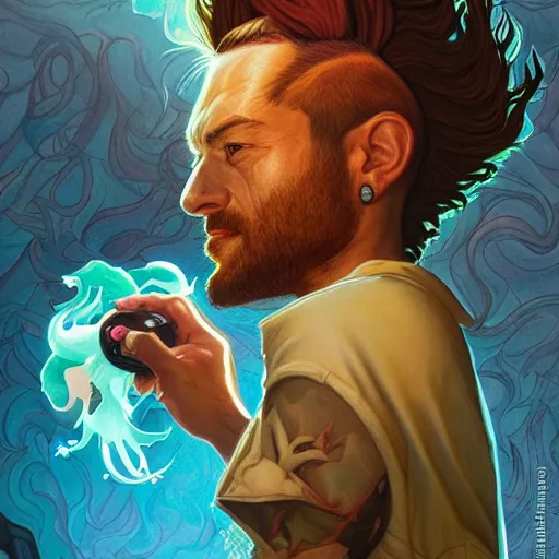 Prompt: best mohawk projector portrait by gaston bussierre and charles vess and james jean and erik jones and rhads, inspired by rick and morty, epic, funny, huge scale, beautiful fine face features, intricate high details, sharp, ultradetailed