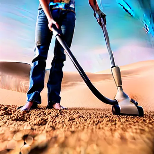 Prompt: beautiful photograph of a man vacuuming sand in a desert