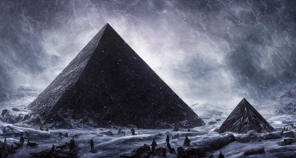 Image similar to black lovecraftian eldritch!! obsidian pyramid!! on a snowy mountain, surrounded by thousands of cultists, snowy, windy, by eugene von guerard, ivan shishkin, night, red lightning!!, storm!, dramatic lighting, concept art, trending on artstation, 8 k