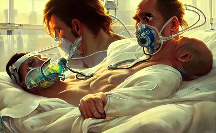 Prompt: Putin suffocates with oxygen mask on a hospital bed, intricate, portrait, highly detailed, digital painting, artstation, concept art, smooth, sharp focus, illustration, cinematic lighting, art by artgerm and greg rutkowski and alphonse mucha