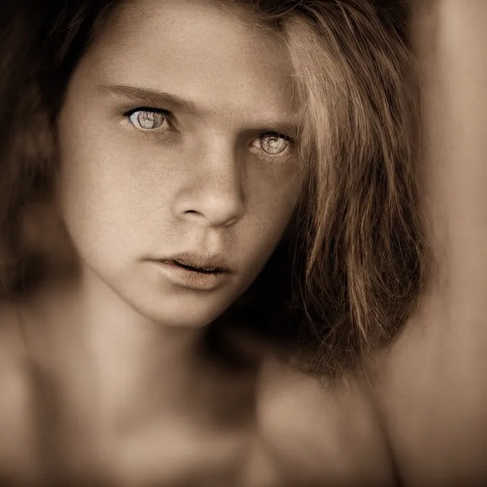 Prompt: dramatic photographic Close-up face of a extremely beautiful girl with clear eyes and light brown hair , high light on the left, non-illuminated backdrop, illuminated by a dramatic light, Low key lighting, light dark, High constrast, dramatic , Steve Mccurry, Lee Jeffries , Norman Rockwell, Craig Mulins ,dark background, high quality, photo-realistic, 8K,