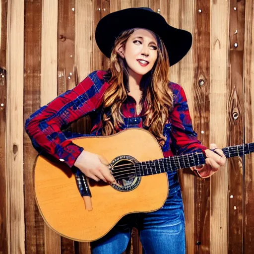 Image similar to a female fox animal, wearing cowboy hat, wearing plaid shirt, playing guitar, inside a barn, album cover style