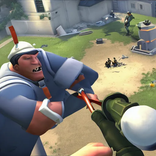 Prompt: Team Fortress 2 screenshot with Heavy eating Scout while Medic laughs