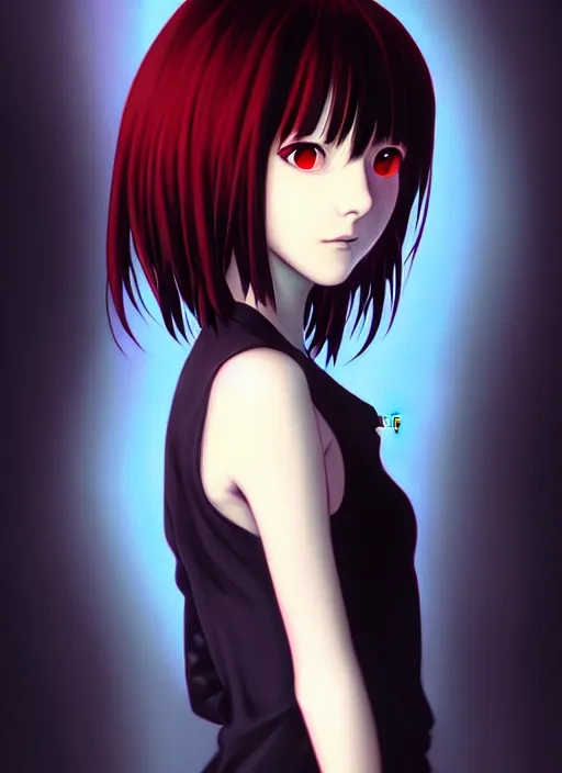 Image similar to a beautiful portrait painting with a dark red background of lain from serial experiments : lain. character design by shinji aramaki, charlie bowater, ross tran, artgerm, and makoto shinkai