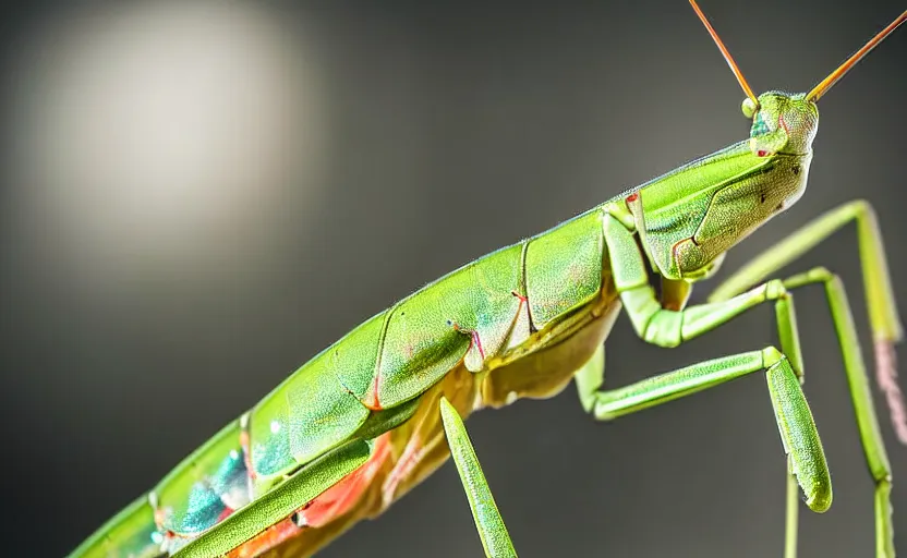 Image similar to extremely detailed macro photograph of a praying mantis, blur, glare, veins, transparency, bubbles, professional photography, studio, microscope