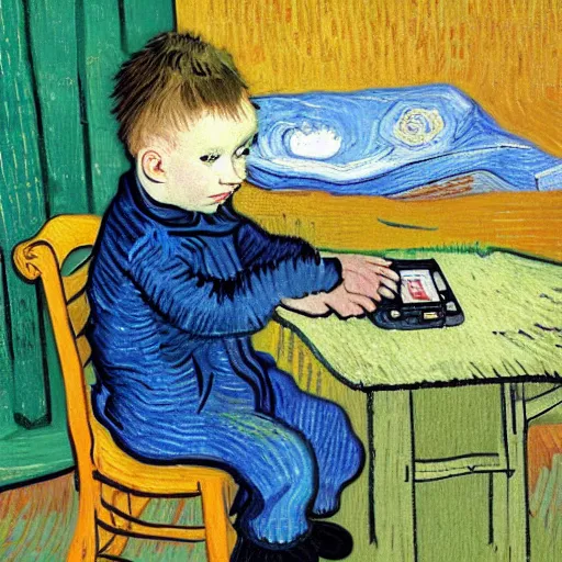 Prompt: little boy with nintendo ds on a seat in a oark by van gogh