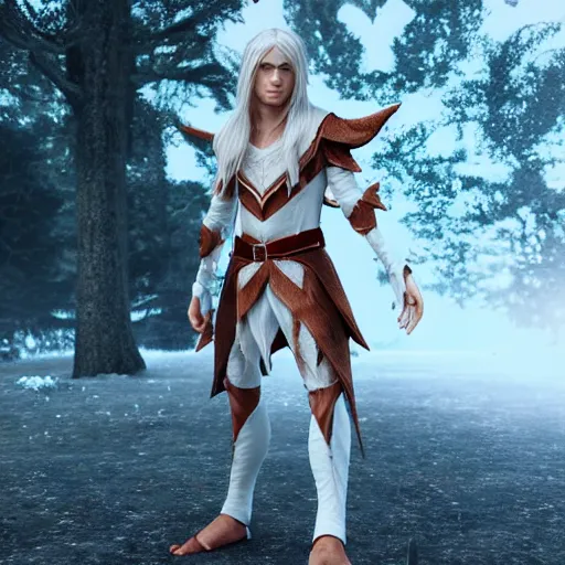 Image similar to a highly detailed male elf in full length, with white long hair, white clothes, bright blue eyes, artstation, DeviantArt, professional, octane render