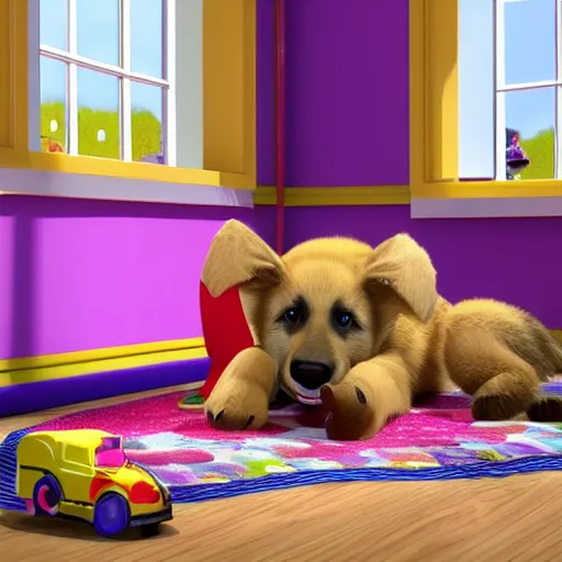 Image similar to eye - level view, in a child's bedroom filled with toys there is a bed under a window with a colorful bedspread. a super cute gsd puppy runs and jumps on the bed and plays with its toys. hilarious, funny, back to school comedy, cg animation, 3 d octane render, imax 7 0 mm,