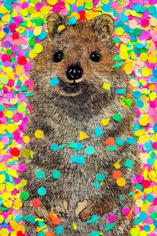 Image similar to detailed illustration, a portrait of a happy quokka on rotttnest island constructed from confetti, collage, may gibbs, layered composition, layers, texture, textured, layered, sculpted, dynamic, 🦋, 🎈,