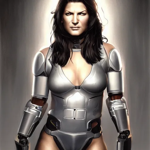 Image similar to gina carano with robotic cybernetic metallic grey left arm, casual pose, large portrait, cyberpunk, digital painting, artstation, concept art, smooth, 8 k frostbite 3 engine, ultra detailed, art by artgerm and greg rutkowski and magali villeneuve