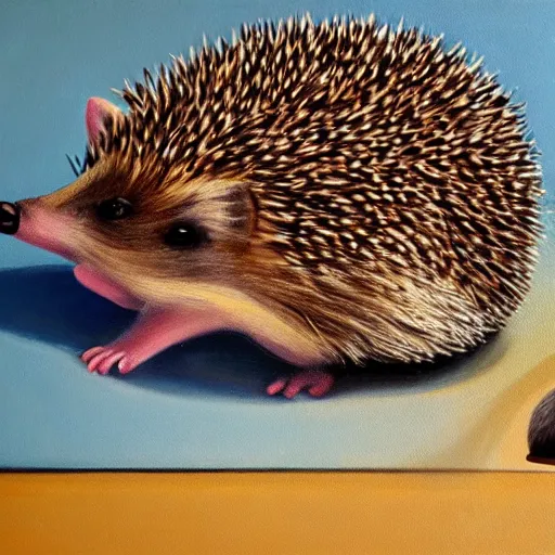 Image similar to hedgehog melting in the heat with a fan pointing at the hedgehog, oil on canvas, detailed, art