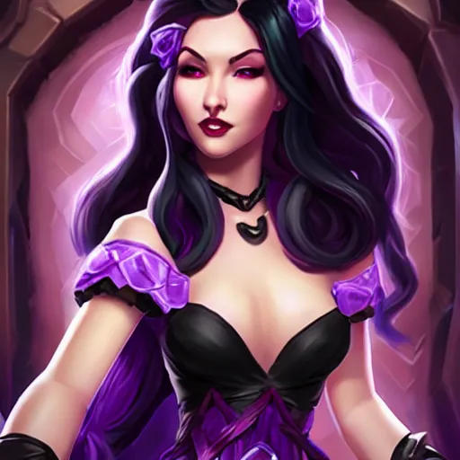 Image similar to a beautiful woman with long black hair, wearing a black corset top and a purple tutu, Hearthstone official splash art