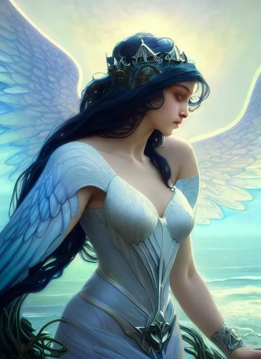 Prompt: a beautiful cinematic female archangel queen, fantasy sea landscape, fantasy magic, short aqua blue black fade hair, dark light night, intricate, elegant, sharp focus, illustration, highly detailed, digital painting, concept art, matte, art by WLOP and Artgerm and Greg Rutkowski and Alphonse Mucha, masterpiece