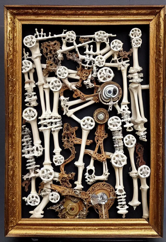 Prompt: prompt: Frame, bouget, old Victorian painting frame made out of bones, alchemical objects inspired by 1980's sci-ci, old experimentation cabinet, intricate oil painting detail, manga 1980