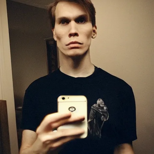 Image similar to A photograph of Jerma in the late 2000s with an emo haircut taking a selfie of himself in his new Interpol shirt, frowny face, taken in the late 2000s, taken on the iPhone 1, realistic, hyperrealistic, very realistic, highly detailed, very detailed, extremely detailed, detailed, oil painting, digital art, trending on artstation