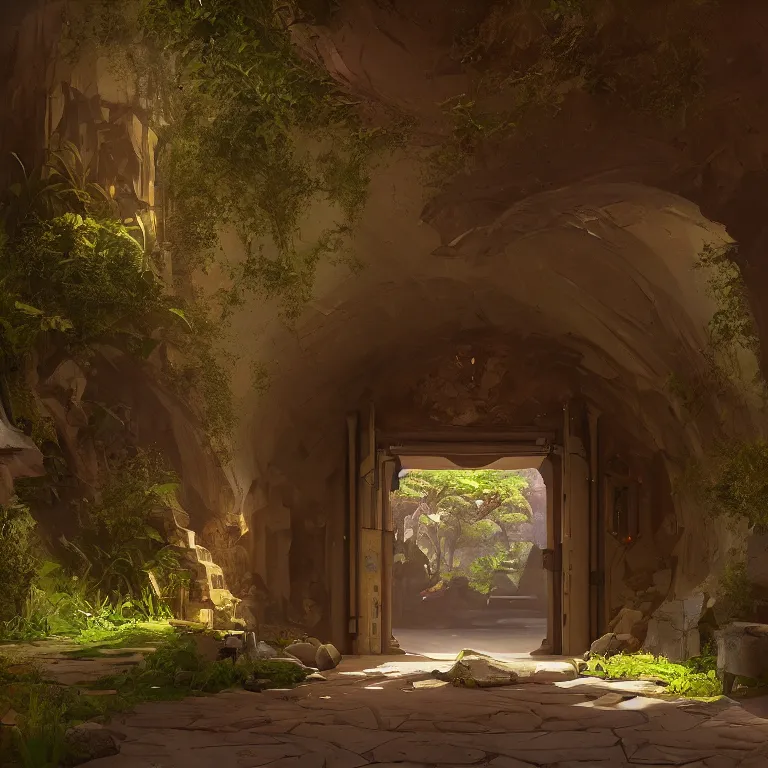 Prompt: arc hallway for secret overwatch habitation quarters carved inside a cave surrounding a lush garden, trimmed, sheltered, magical, natural light, clean lines, cozy, fantasy, minimalist architecture, sharp focus, concept art, by greg rutkowski and craig mullins,, octane render 8 k