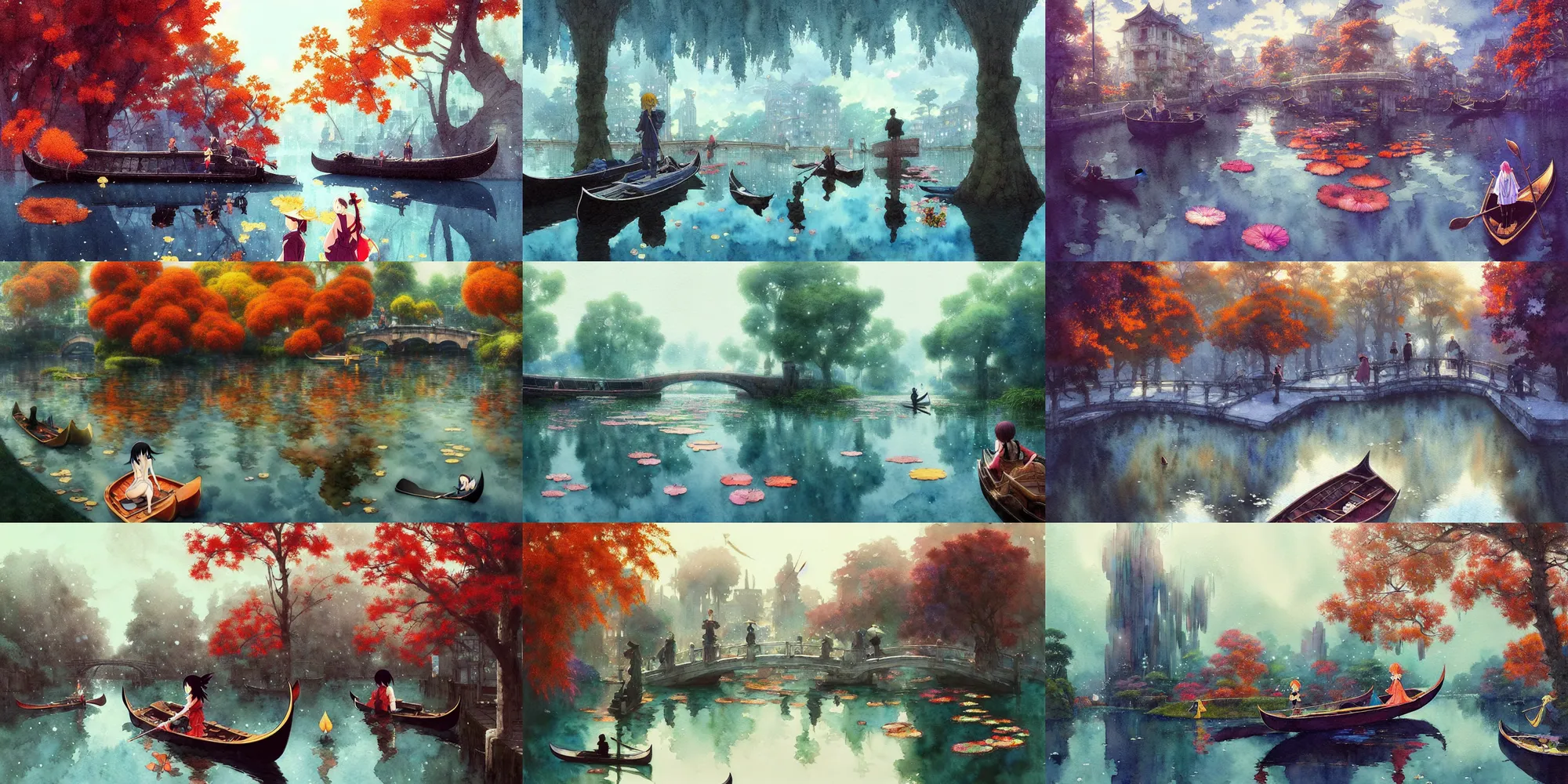 Prompt: anime movie scene, characters, waterway, fantasy. gondola boat, amazing composition, colorful watercolor, lily pads, reflections, by ruan jia, by maxfield parrish, by koji morimoto, by hikari shimoda, by sparth, by zhang kechun, illustration, gloomy, autumn, giant statues!!!!, winter