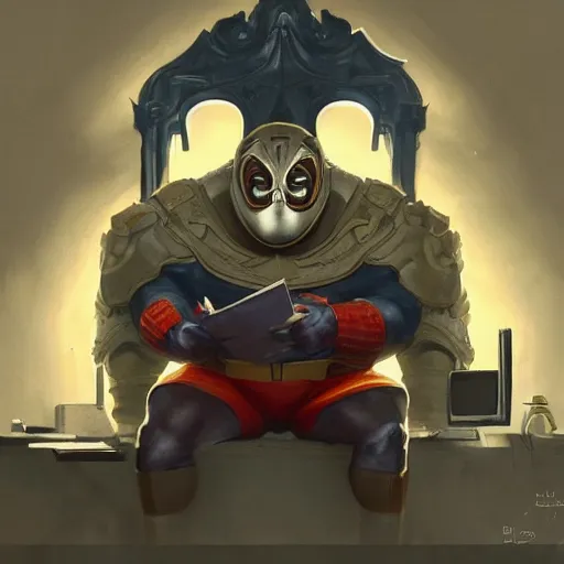 Prompt: a insanely detailed painting of a fat masked superhero wearing a costume sitting at a desk, staring at the nervously at the computer and clicking on the mouse, in the style of peter mohrbacher, dramatic lighting and composition, trending on artstation, concept art, comic book