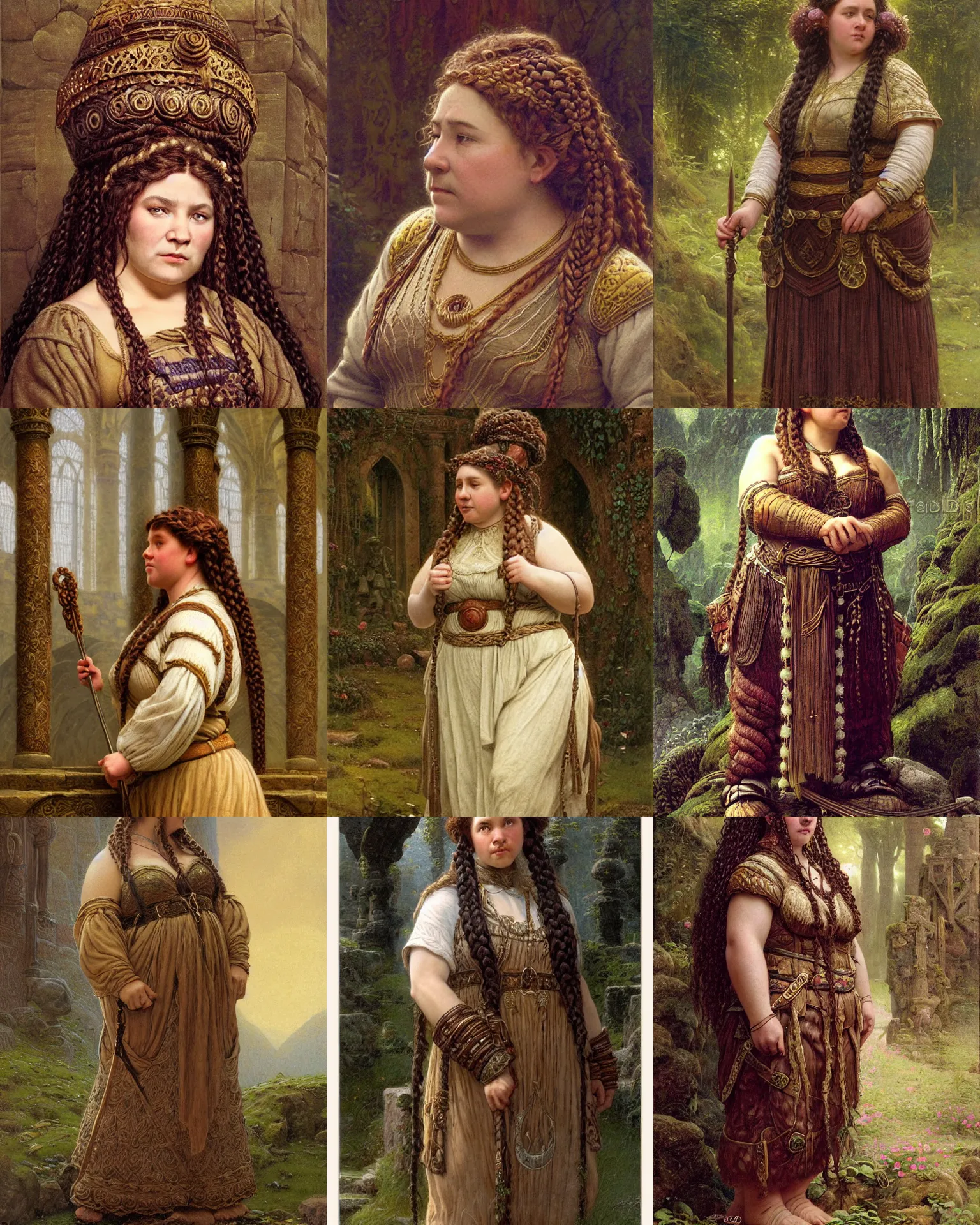 Prompt: female dwarven noblewoman, chubby short stature, braided intricate hair, by ferdinand knab