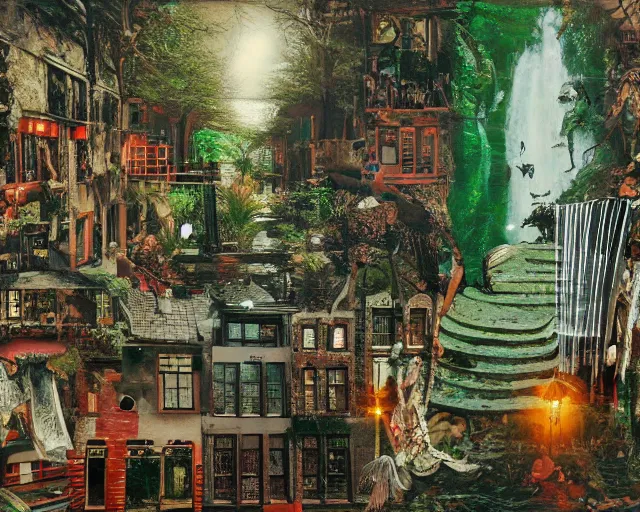 Image similar to high quality, high detail painting, dutch masterpiece, fluxus, film noir, ernst haekl, empty scene in las pozas with quetzalcoatl at night, hd, muted lighting, cut up collage