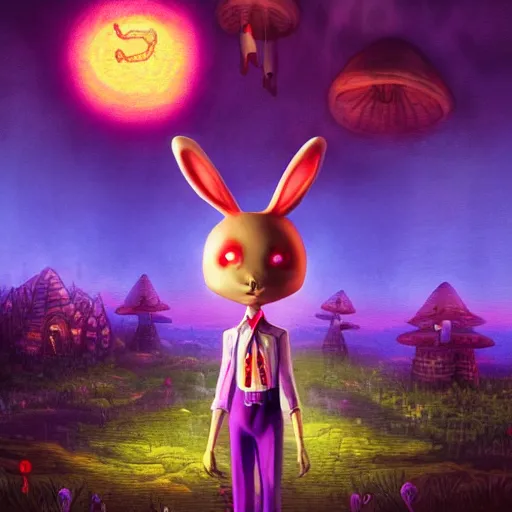 Image similar to 4 k headshot portrait of a psychedelic demonic anthropomorphic bunny rabbit with mushroom themed clothes, magic mushroom village in background. award winning, stylized neon, post - processing, masterpiece, superb resolution. in the art style of junji ito and greg rutkowski. detailed mushroom city in background. hyper realistic anime. perfect art. dalle 2