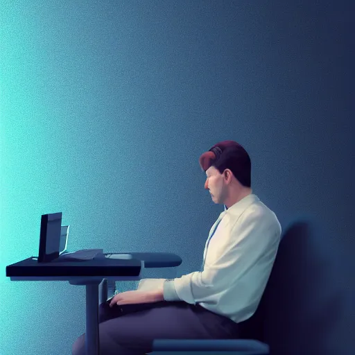 Prompt: surreal digital art of sad man in sitting in depressing corporate cubicle Cinematic, side view, dull blue lighting, trending on artstation