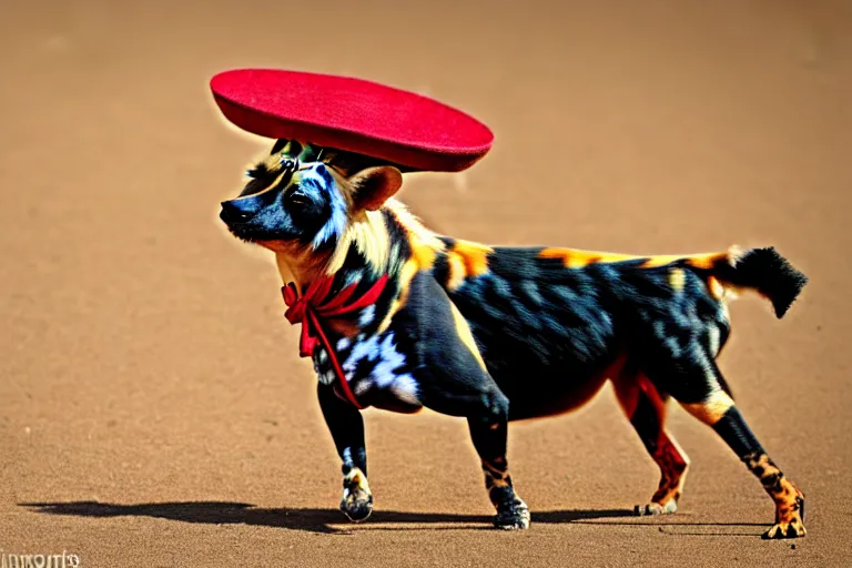 Image similar to A photo of the world's greatest showman: the african painted dog dressed in a hat!