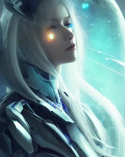 Image similar to perfect android girl on a mothership, warframe armor, beautiful face, scifi, futuristic, galaxy, nebula, raytracing, dreamy, long white hair, blue cyborg eyes, sharp focus, cinematic lighting, highly detailed, artstation, divine, by gauthier leblanc, kazuya takahashi, huifeng huang