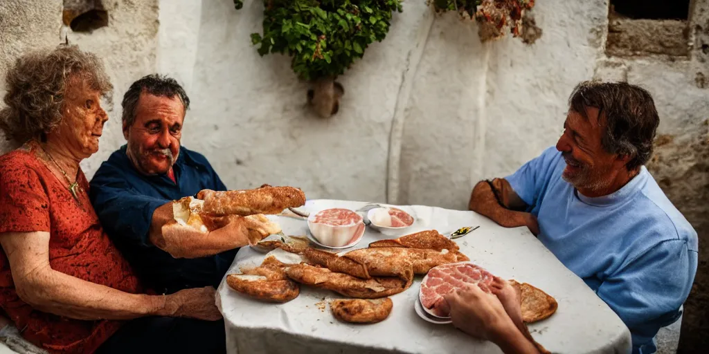 Image similar to photography of a cat sharing mortadella with his loved owner at a trullo house, photoreal, 3 5 mm, award winning photography