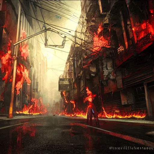Image similar to streets of manila, philippines as lovecratian horror, hp lovecraft, eldricht abominations, demonic, hell, burning, suffering, depressing image, unreal engine, artstation hd