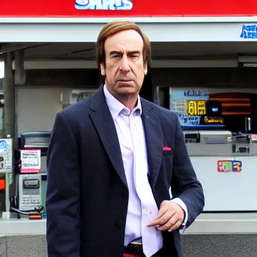 Image similar to saul goodman smoking in front of a gas station