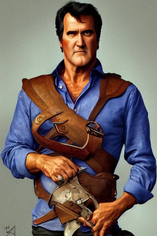 Image similar to Bruce Campbell in a blue bloody shirt with a shoulder strap, innocent, intricate, elegant, highly detailed, digital painting, artstation, concept art, smooth, sharp focus, illustration, art by artgerm and greg rutkowski and alphonse mucha