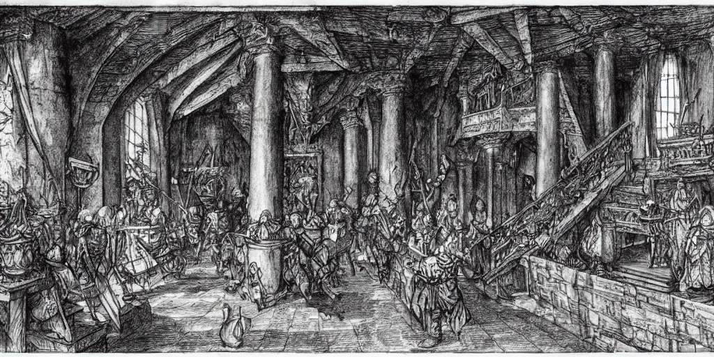 Prompt: fantasy tavern interior, d & d, art by albrecht durer and piranesi, black ink sketch, black and white, vector, vector art