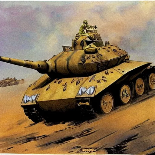 Image similar to a tank shaped like a scorpion driving through a sandstorm, frank frazetta